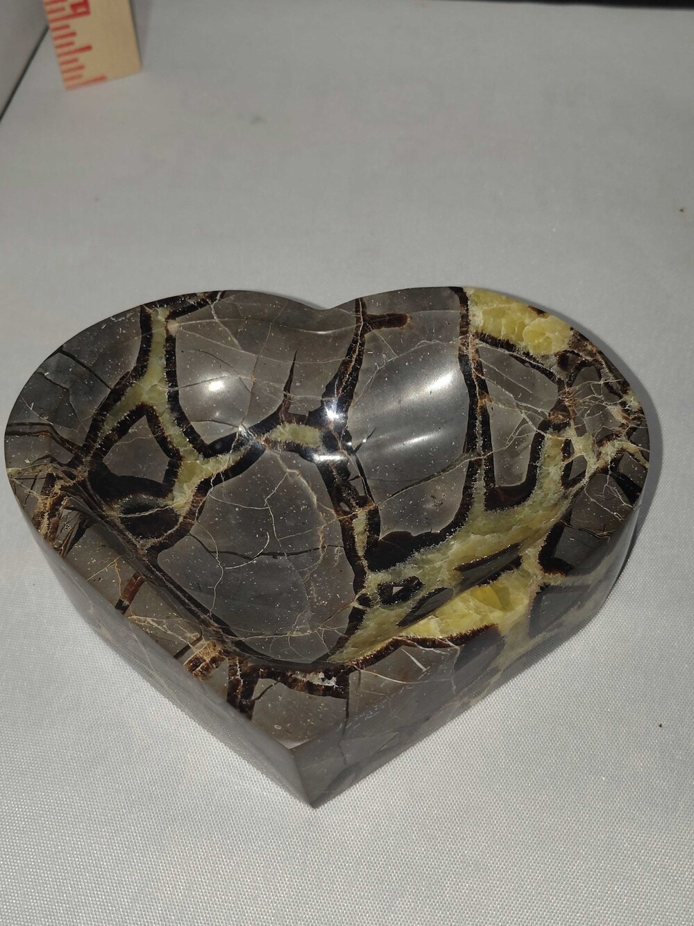 Heart-Shaped Polished Septarian Bowl Brown Gray Yellow Crystal